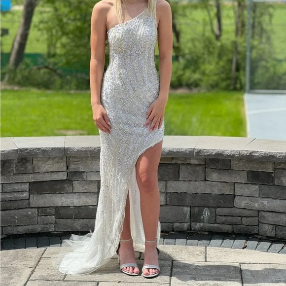 Jovani | Dresses | Jovani High Slit White Beaded Prom Dress Size 0 |  Poshmark